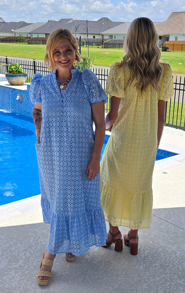 Blue Eyelet Short Puff Sleeve Midi Dress