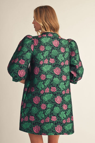 Puff Sleeves Floral Jacquard Dress