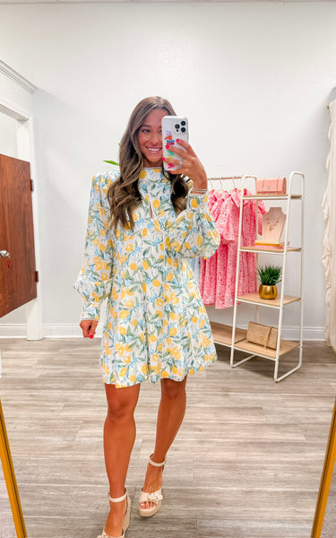 Lace Trim Lemon & Floral Print Dress