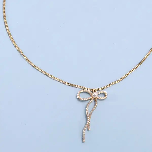 Pearl Embellished Bow Pendant Necklace