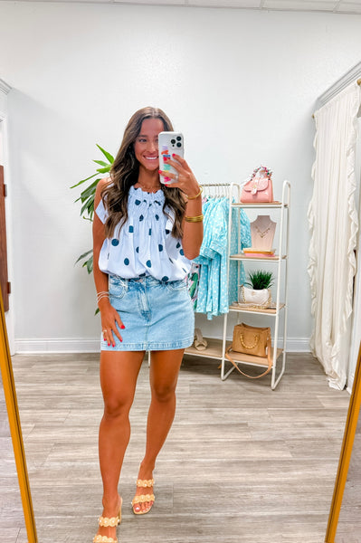 Tie Strap Smocked Polka Dot Top