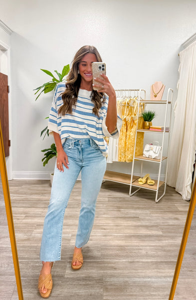 Drop Half Sleeve Striped Sweater Top