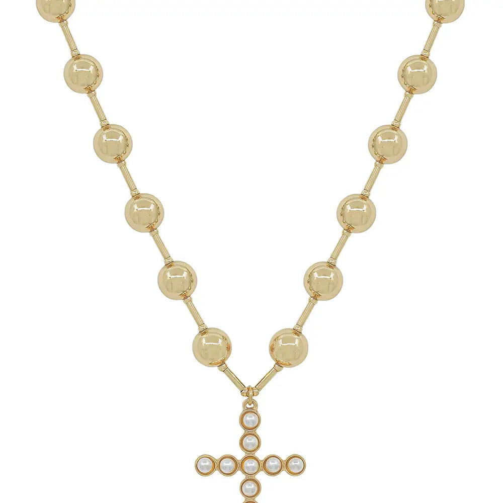 Water Resistant 8mm Beaded Chain w/ Pearl Beaded Cross 16"-18" Necklace