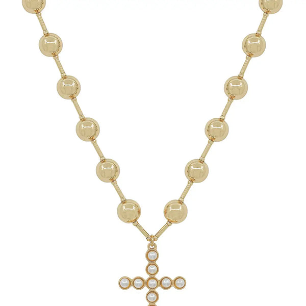 Water Resistant 8mm Beaded Chain w/ Pearl Beaded Cross 16"-18" Necklace