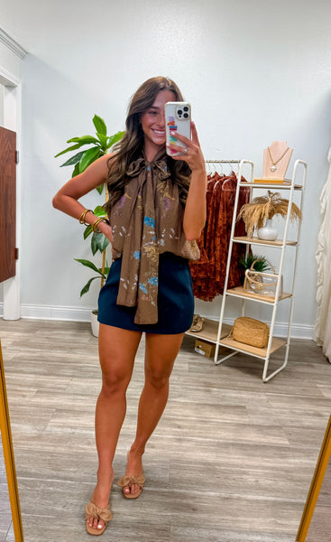 Floral Button Down Tie Neck Top