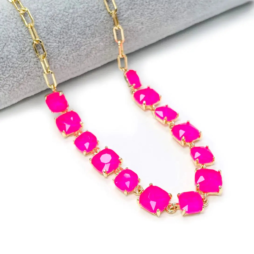 Hot Pink Squared Glass Crystal & Gold Chain 16"-18" Necklace