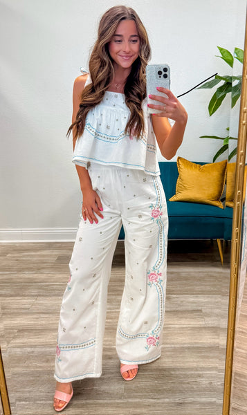 Embroidered Shoulder Tie Strap Top & Pants Set