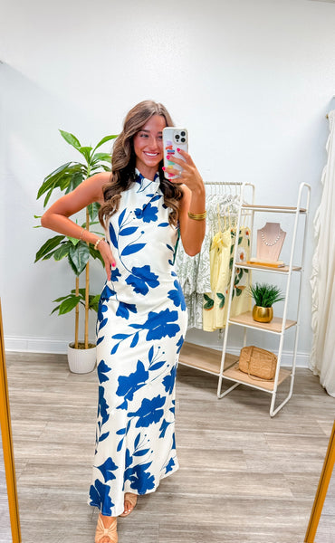 Floral Satin Halter Neck Maxi Dress
