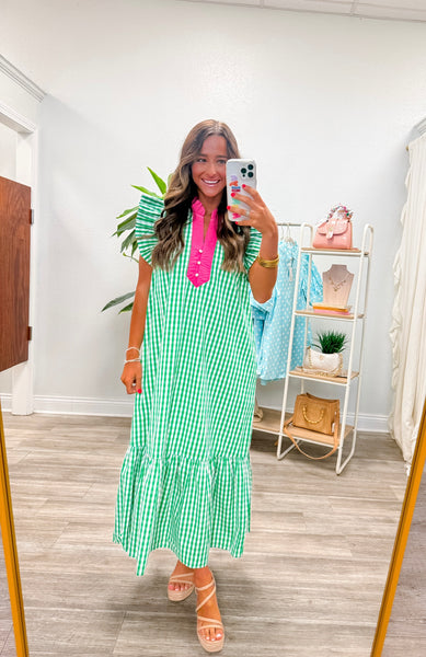 Gingham Flutter Sleeve Midi Dress