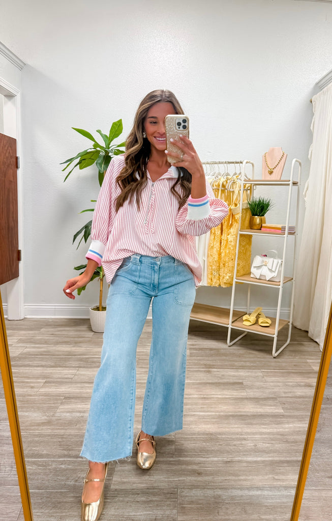 3/4 Sleeve Half Zip Striped Top