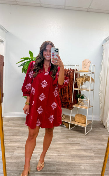 Embroidered 3/4 Puff Sleeve Mini Dress