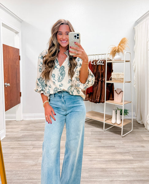 Button Down 3/4 Balloon Sleeve Top