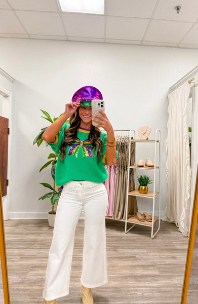 Mardi Gras Sequin Ribbon Patched Sweater Top