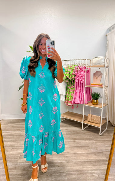 Botanical Embroidery Puff Sleeve Midi Dress
