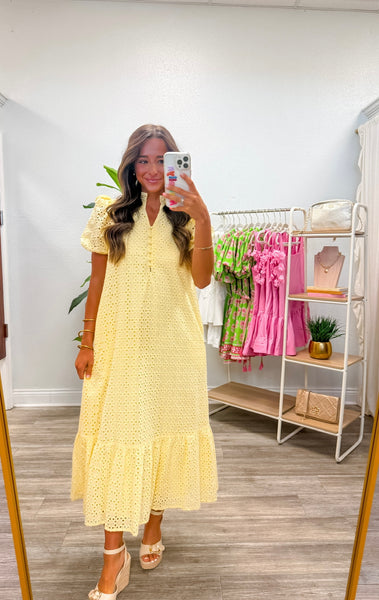 Lemon Eyelet Short Puff Sleeve Midi Dress