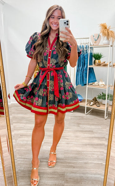 Floral Puff Sleeve Ruffle Hem Mini Dress
