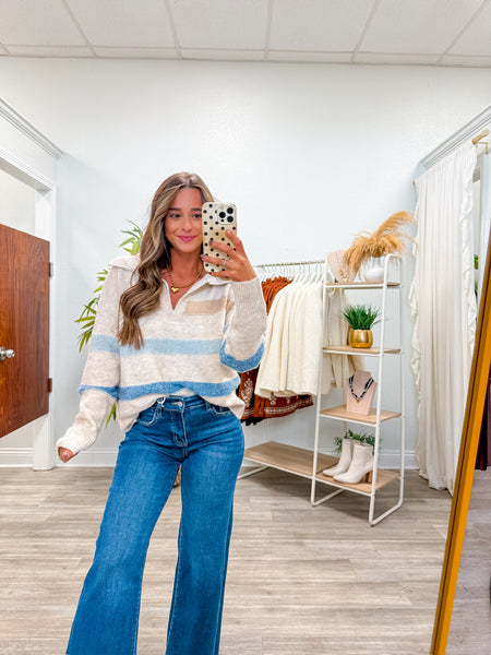 Ribbed Wide Collar V-Slit Striped Sweater