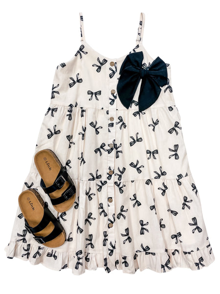 Girls Bow Print Tiered Tank Dress
