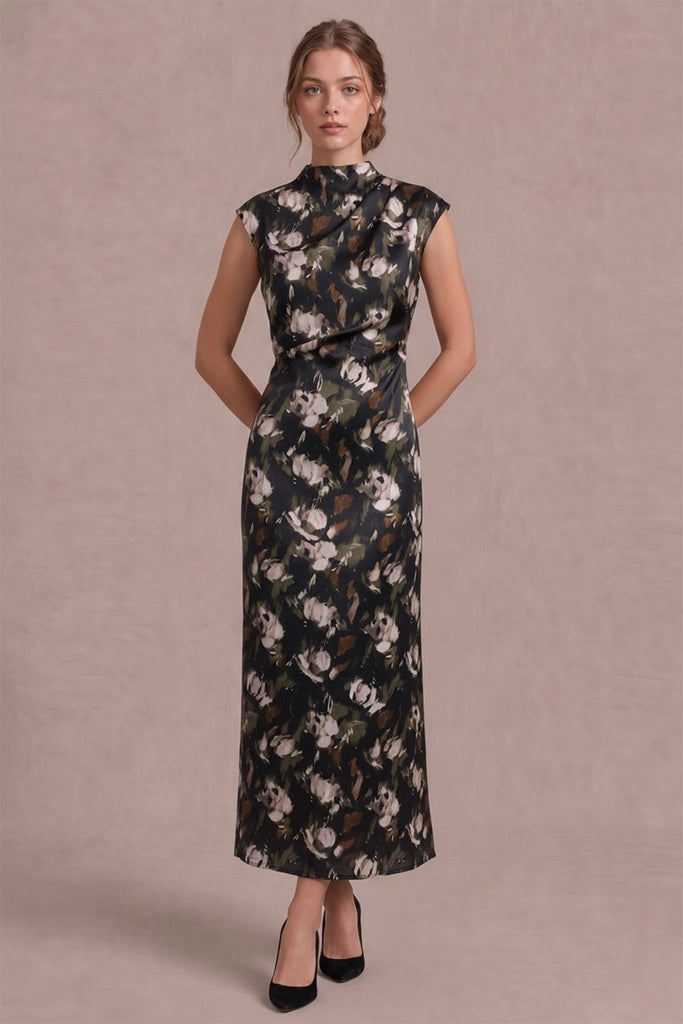 Mock Neck Printed Satin Maxi Dress