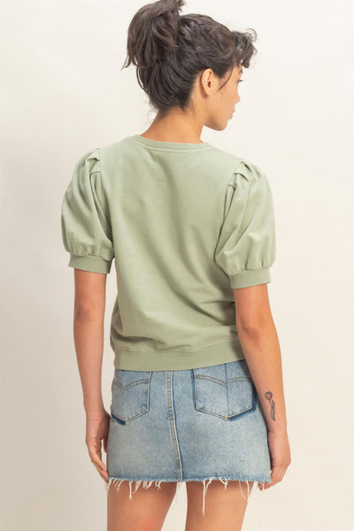 Puff Sleeve V-Stitch Crew Neck Top
