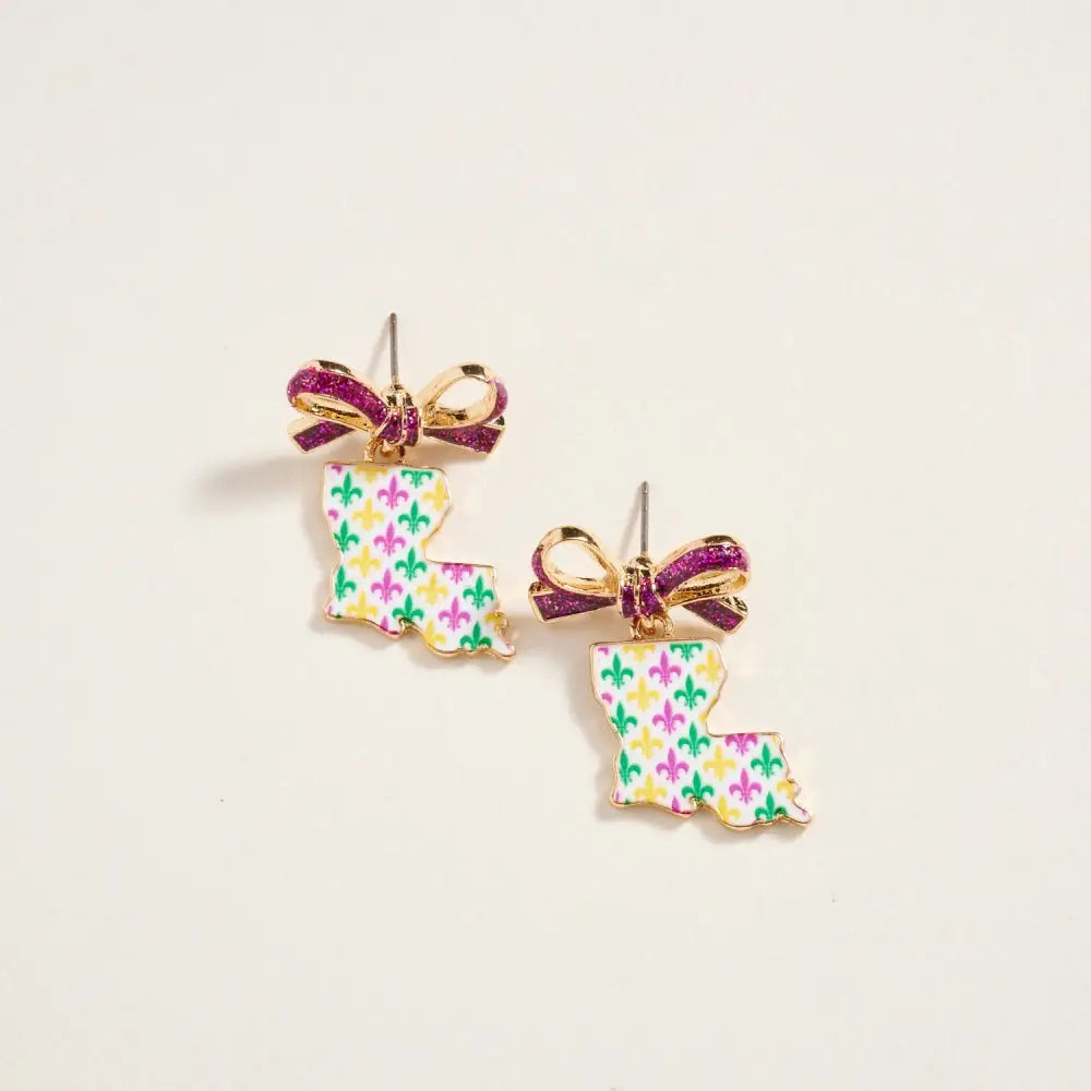 Louisiana Shaped with Ribbon Bow Post Earrings