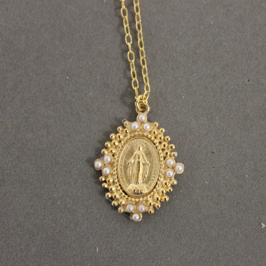 Pendant Necklace W A Miraculous Mary Charm & Pearl Accent