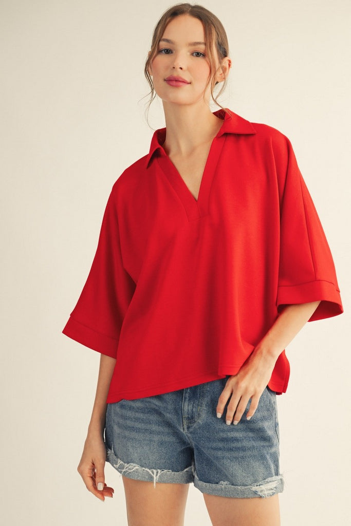 Side Slit Hem Solid V-Neck Top