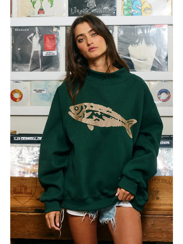 Fish-Embroidered Mock-Neck Sweatshirt