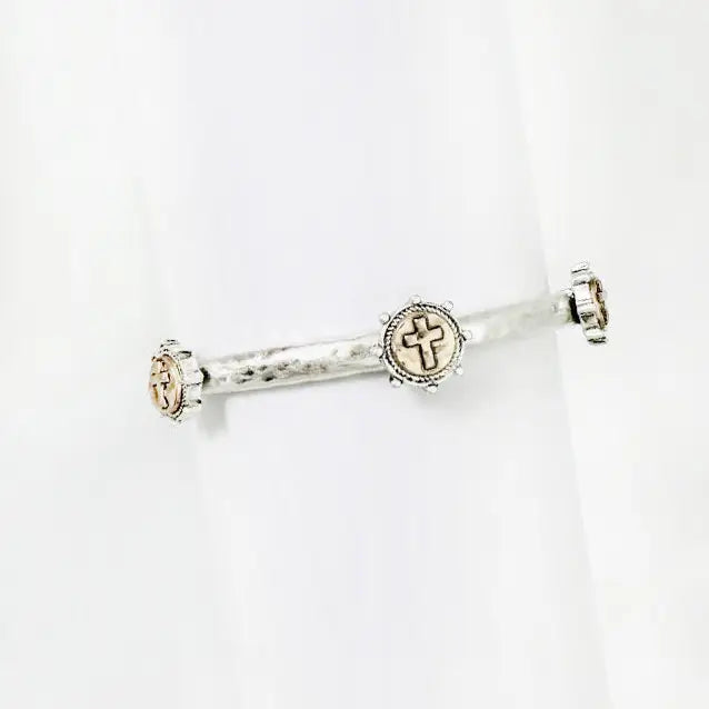 Worn Silver Textured Stretch Bracelet w/ Gold Stamped Cross Coin