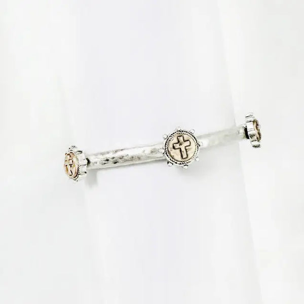 Worn Silver Stretch Bracelet With Gold Cross Coins