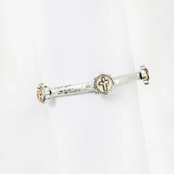 Worn Silver Textured Stretch Bracelet w/ Gold Stamped Cross Coin