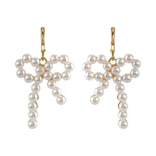 Gold Open Pearl Beaded 1" Bow Earring