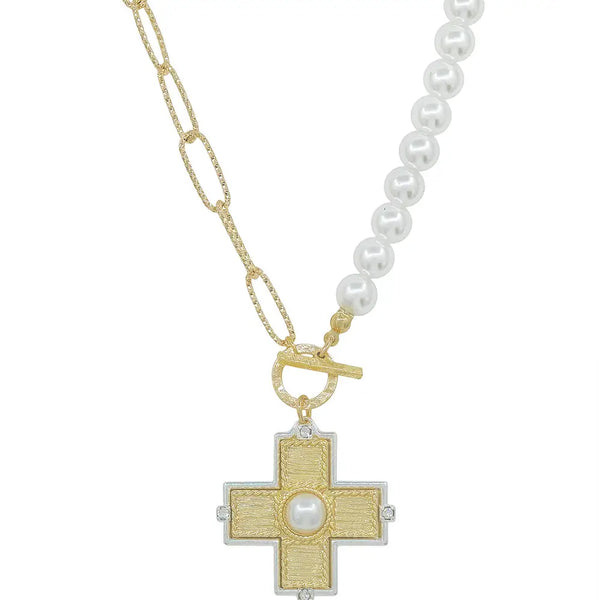 Gold Open Chain Pearl Necklace with Textured Cross