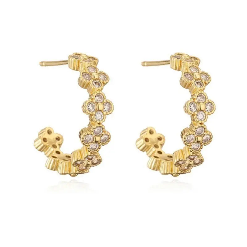 Floral Clover Rhinestone Semi-Hoop Earrings