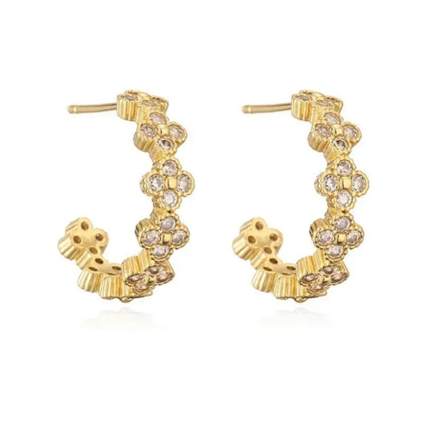 Floral Clover Rhinestone Semi-Hoop Earrings