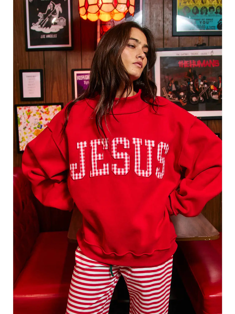Gingham Applique Mock Neck Sweatshirt