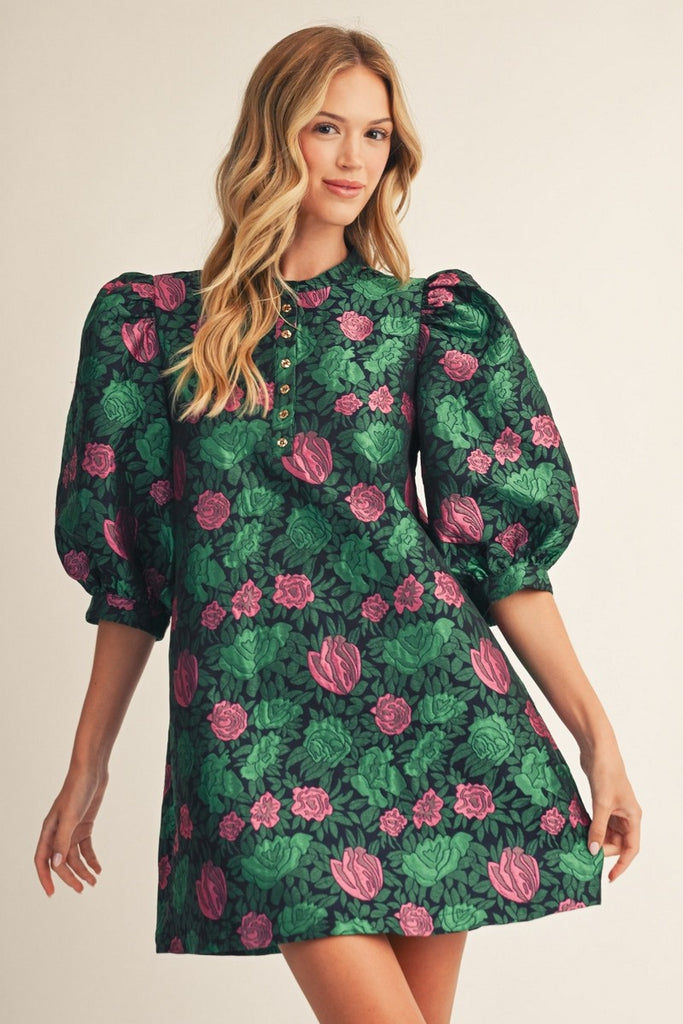 Puff Sleeves Floral Jacquard Dress