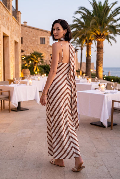 Abstract Stripe Cowl Neck Scarf Maxi Dress