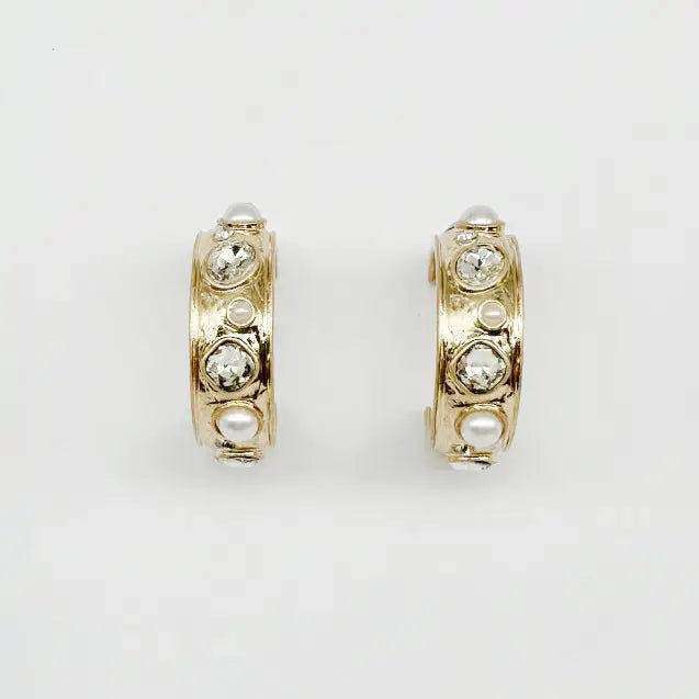 Gold Hammered Hoop Earrings with Crystal and Pearl Accents