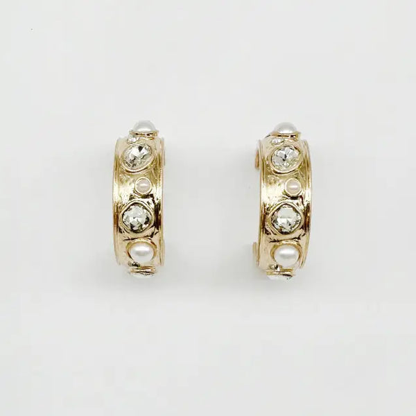 Gold Hammered Hoop Earrings with Crystal and Pearl Accents
