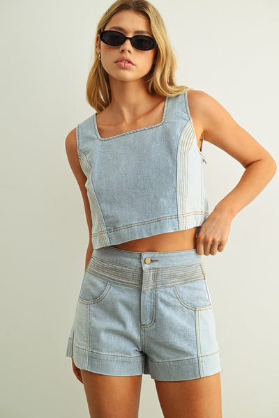 Denim Color Blocked Top & Shorts Set