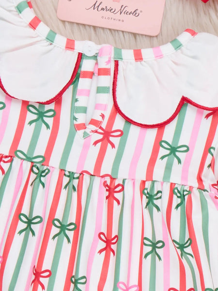 Merry Bow Stripes Scallop Collar Dress