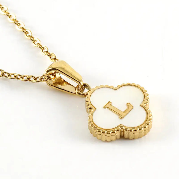 Clover Shell Initial Charm 18K Golden Steel Necklace