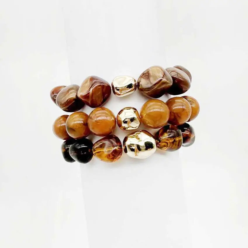 Brown Natural Stone & Gold Set of 3 Stretch Bracelets