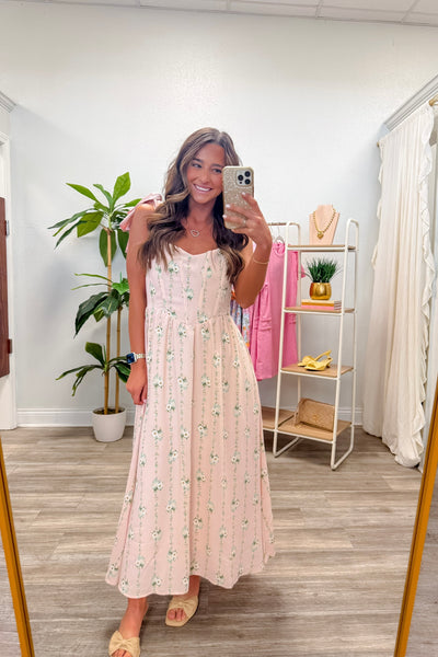 Stripe Floral Tie Strap Corset Midi Dress