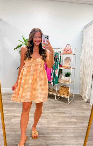 Gingham Textured Scoop Back Mini Dress