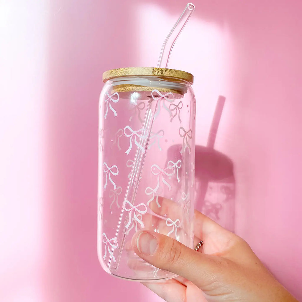 Pink Bow Latte Glass with Lid & Straw