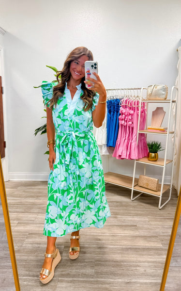 Botanical Print Ruffle Sleeve Midi Dress