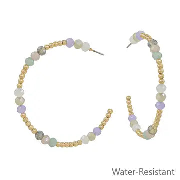 Water Resistant Gold Beaded w/ Pearl 2" Hoop Earring