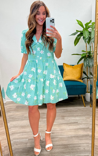 Floral Stripe Print Tiered Mini Dress